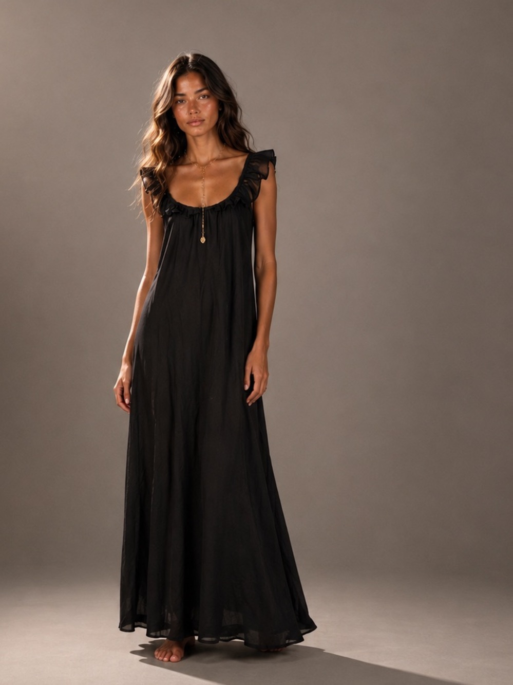 Boho Minimal Black Maxi Dress Ruffle Strap Open Back